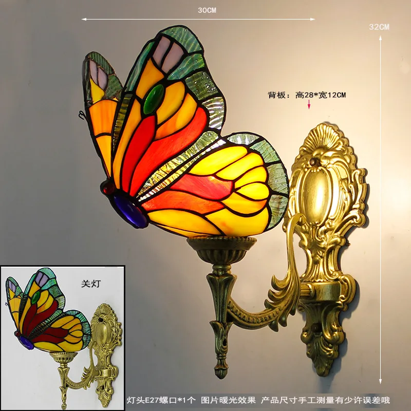 European Rustic Vintage Butterfly Wall Sconce Living Room Bedroom Villa Aisle Tiffany Wall Lamp E27 220V 110V