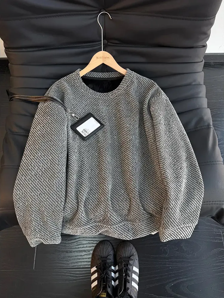 

Men's Knitted Fce Lined Hoodie Thi Long Sve round Ne T-irt American Sle Base irt Winter Warm Cotton Polyester