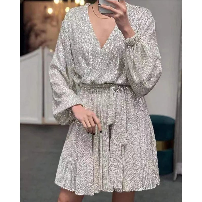 European and American-border Women's new stylesequins dress elegant lace-up waist sequined long sleeve dress