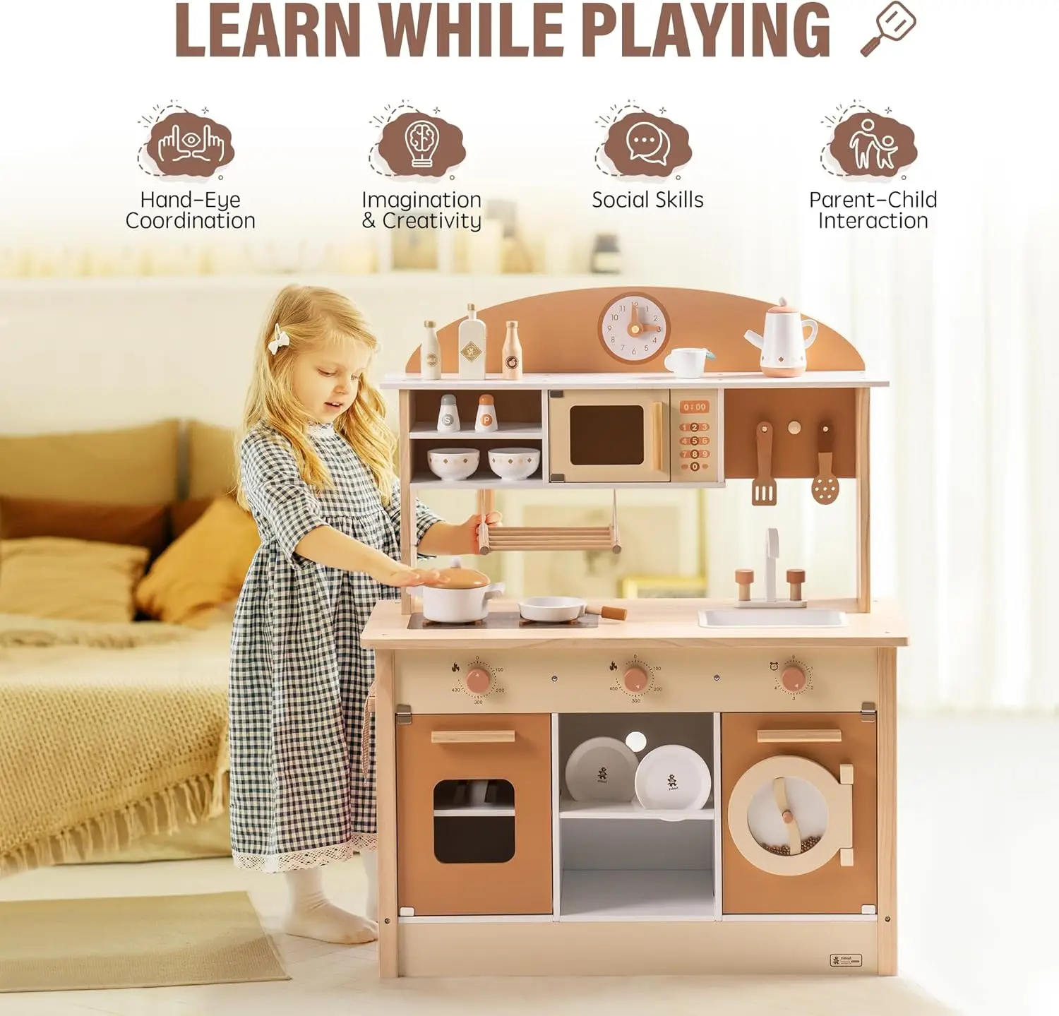 Robud Wooden Play Kitchen For Kids Toddlers, Kids Kitchen Playset With Realistic Accessories, Toy Kitchen Set With Plenty Of