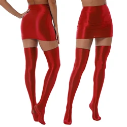 Jupe Sexy de couleur unie brillante pour femmes, avec 1 paire de bas, tenue de Bar Rave, Lingerie, Clubwear pour Performance sur scène