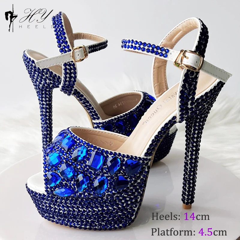 Fashion Diamond Wedding Shoes Ladies 14cm Heels Open-toed High-heeled Waterproof Platform Party Shoes Women