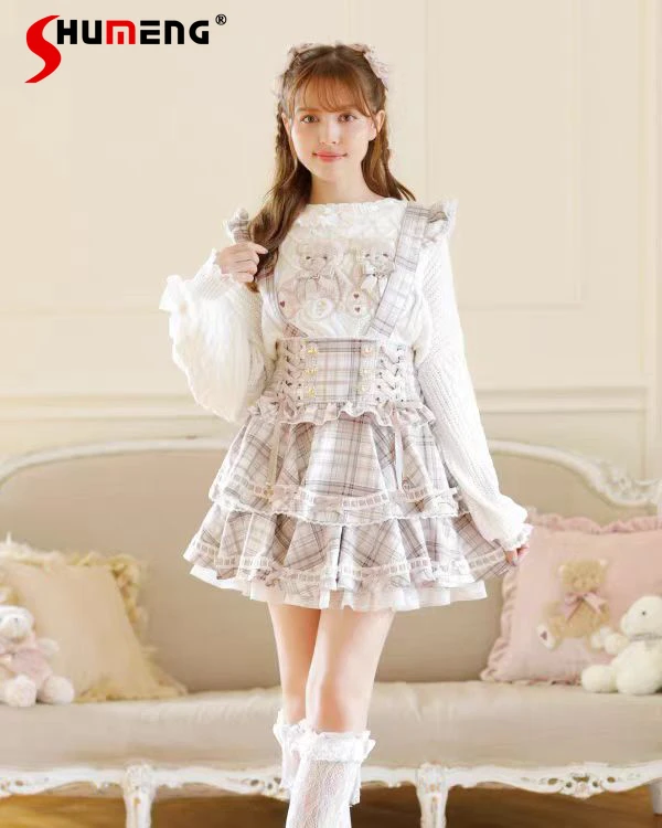 

Japanese Mine Style Sweet All-matched Lolita Skirts Ruffles Splicing Heart Buckle High Waist Lace-up Slim Fit Plaid Skirt Women