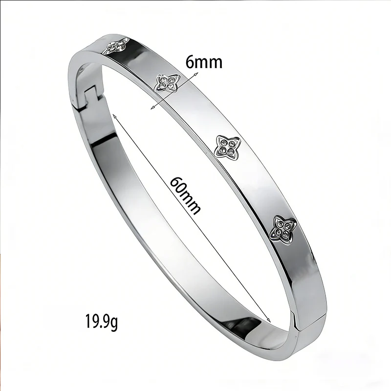 Luxuriöses Edelstahl-Armreif mit Zirkonia für Damen, Silberbeschichtetes Kleeblatt-Design, Offener Armreif, Wasserfest, Nicht Verblassend, Schmuck