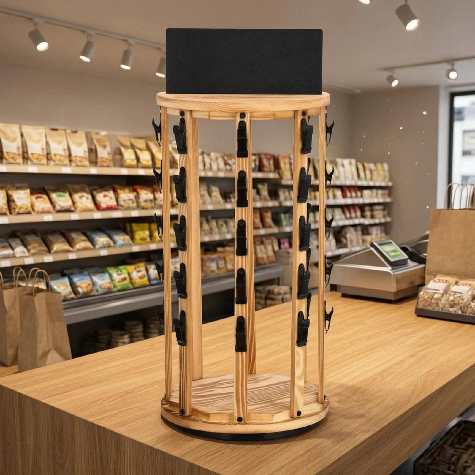 Countertop Snack Display Rack Black Clip Holders Rotating Snack Rack Household Storage Rotatable Blackboard Sign