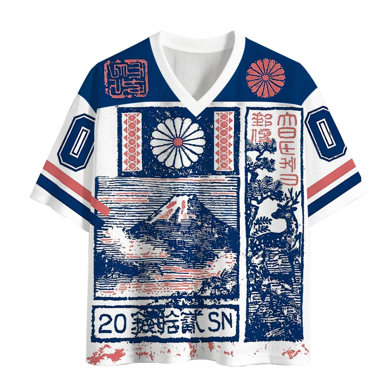 Japanese Ukiyo-e Mount Fuji Jersey Retro Woodblock Print Blue and White Mesh V-neck T-shirt for Adults and Children Casual Top