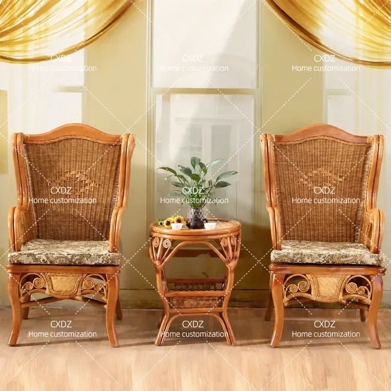 High Backrest Rattan Chair and Coffee Table 3 Piece Set Woven Leisure Furniture Natural Rattan Armchair for Living Room Patio