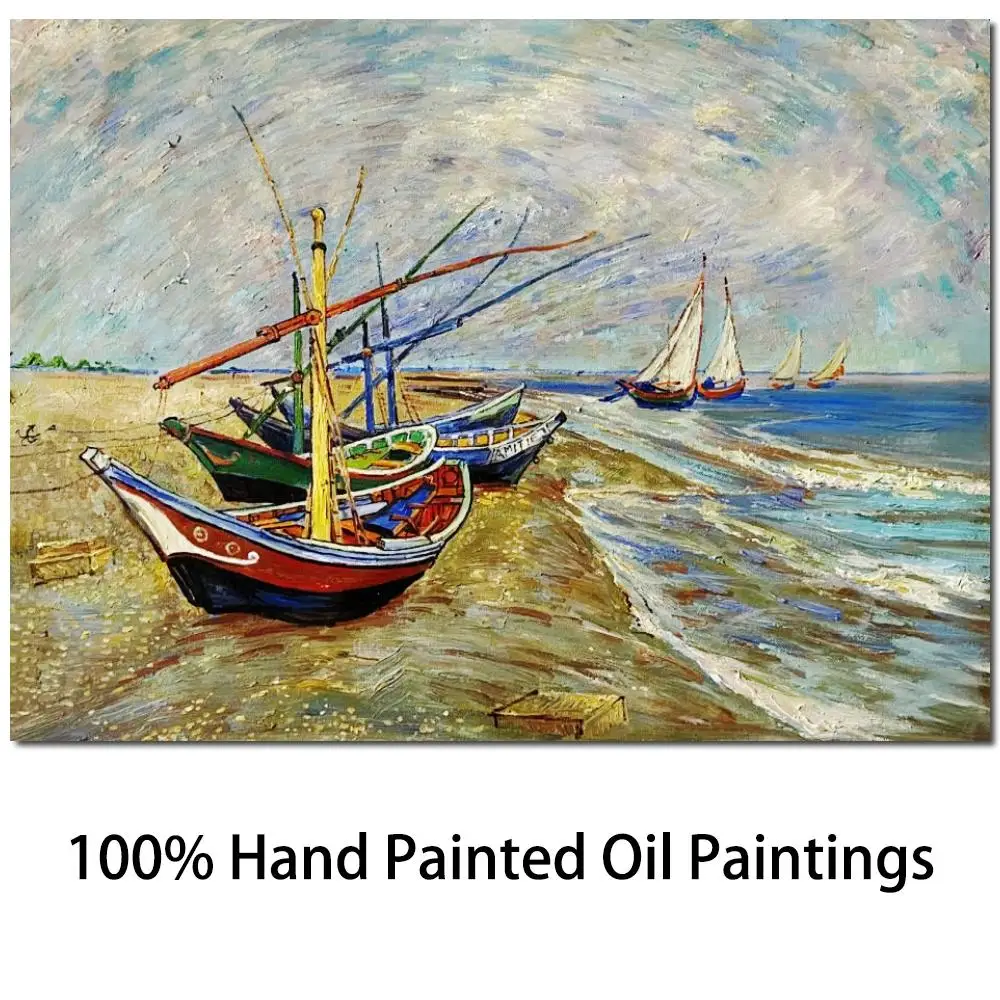 Seascape Boat Canvas Art Handmade Van Gogh Painting Fishing Boats on Beach at Saintes-Maries Modern Artwork Living Room Decor