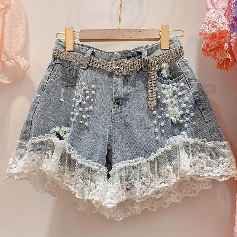 

Ins High Waist Shorts Women's Personality Heavy Industry with Diamonds 2025 Spring and Summer New Korean Version of Denim Pants