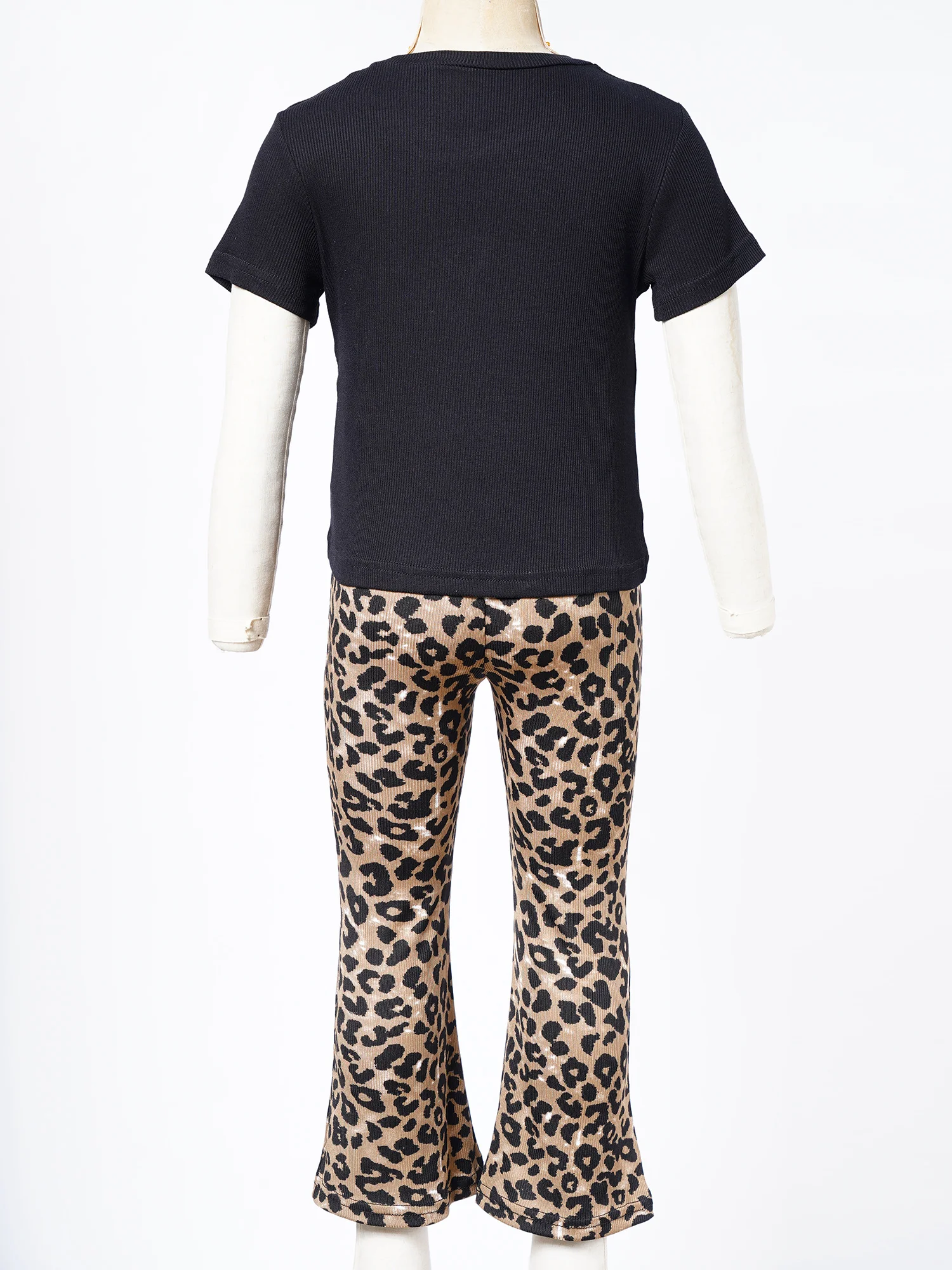 Fashion Modern Jazz Dance Costumes Set Girls Casual Sport Outfits Short Sleeve T-shirt Top High Waist Leopard Print Flared Pants