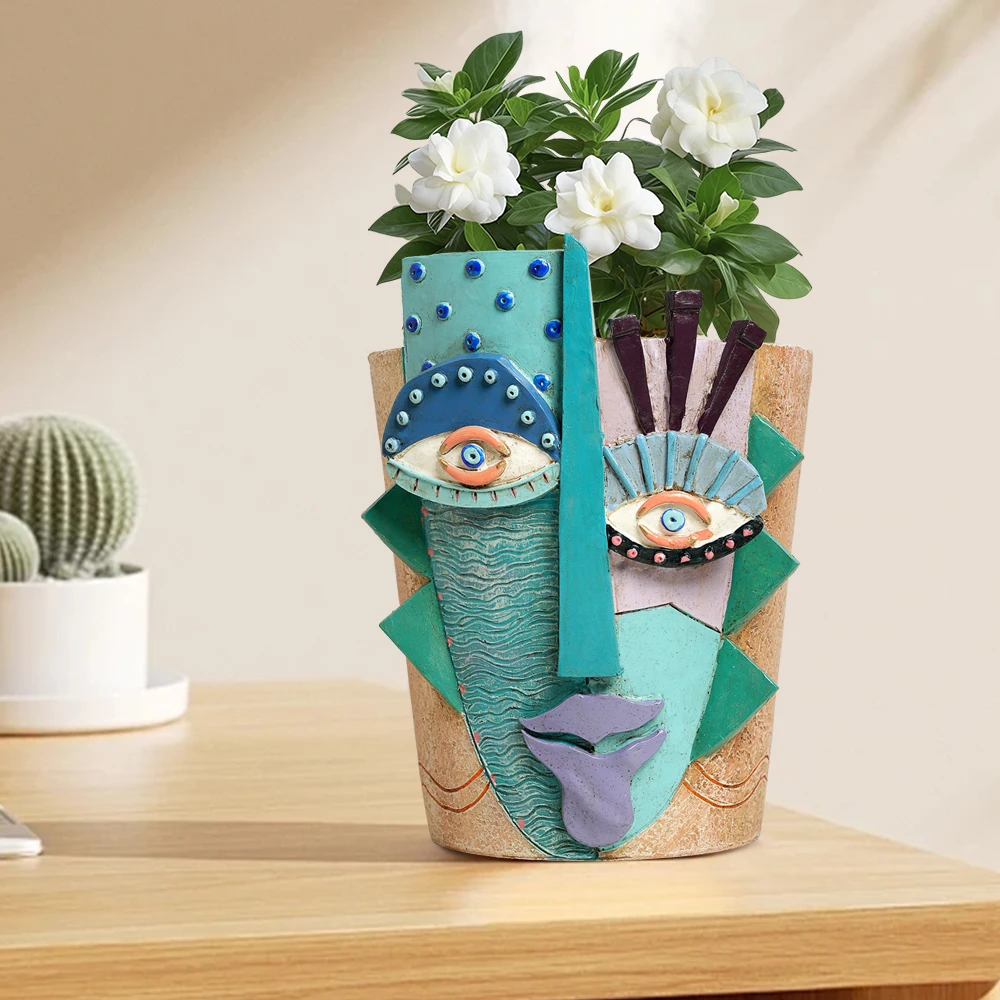 Bunter Abstrakter Gesichts-Blumentopf für Innen- und Außenpflanzen Haus-Garten-Kunstdekoration Lustige Dekorative Kopf-Vase – Detail 4