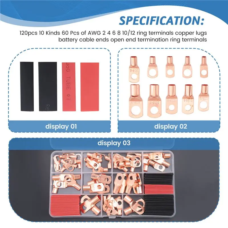 ABJI-120Pcs Copper Wire Terminal Connectors, AWG 2 4 6 8 10 12 Ring Lug Kit With 60Pcs Heat Shrink 60Pcs Battery Cable Lugs