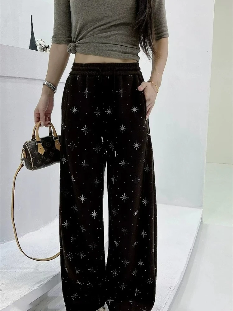 Pants Women Autumn Winter Heavy Rhinestone Star Casual High Waist Slimming Straight Wide Leg Trendy Designer Drape Slacks