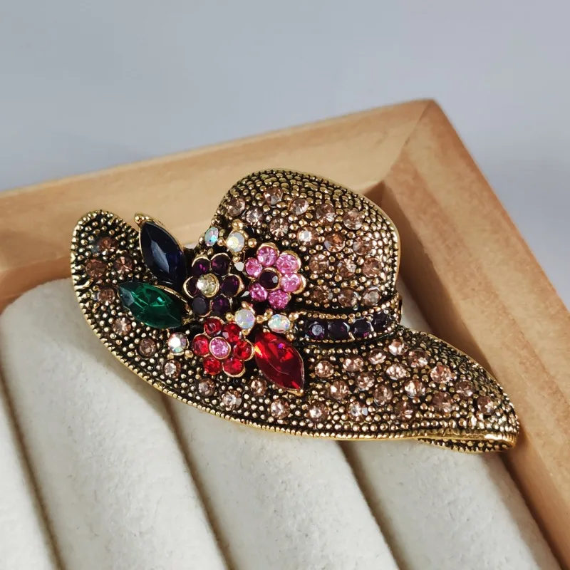 Vintage Sun Hat Brooches Colorful Crystal Flower Cap For Women Alloy Inlaid Rhinestone Jewelry Accessories Gifts