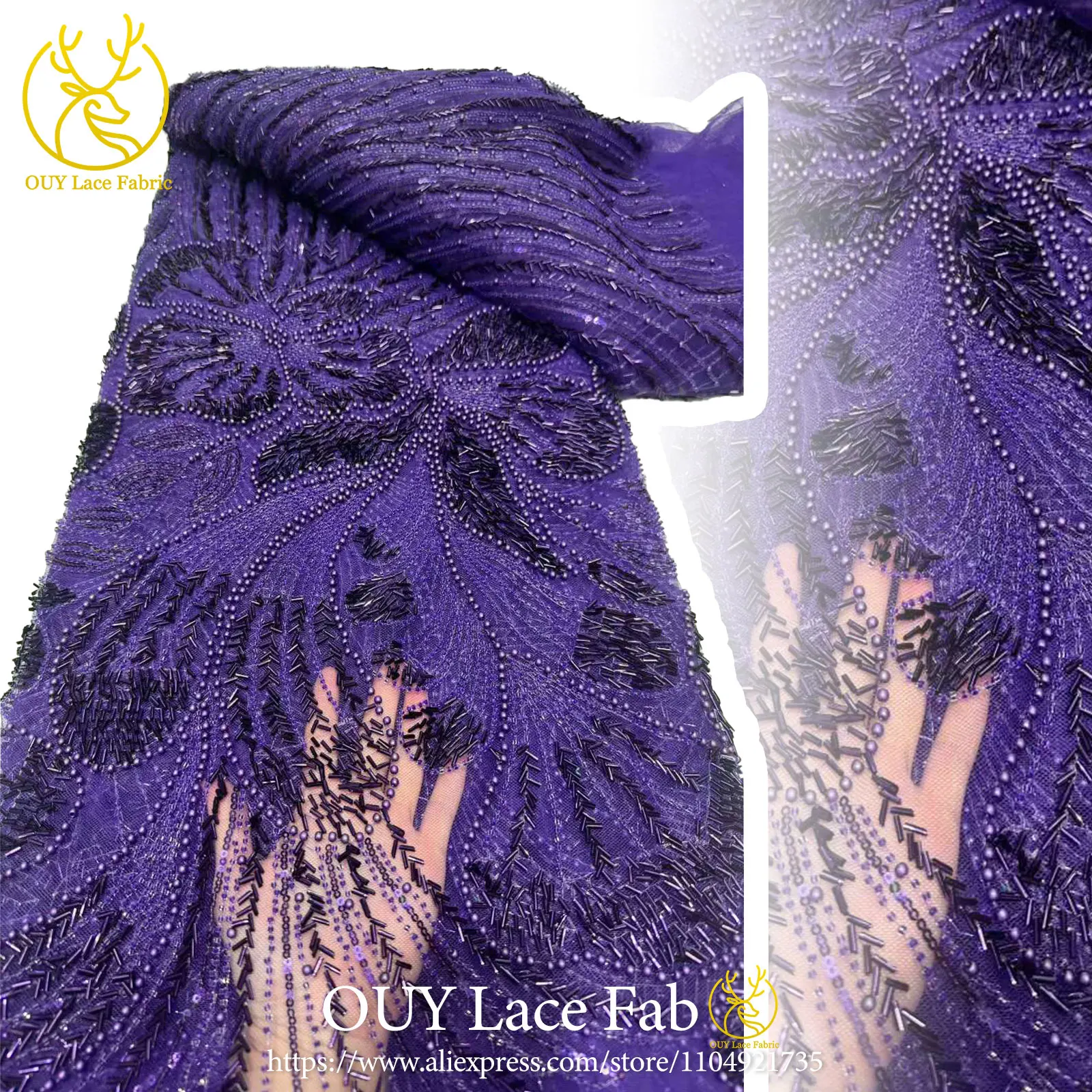 

Африканская кружевная ткань с бисером, 2026, высококачественная нигерийская кружевная ткань с блестками, французский тюль, свадебная ткань, материал для шитья платья, 5 ярдов