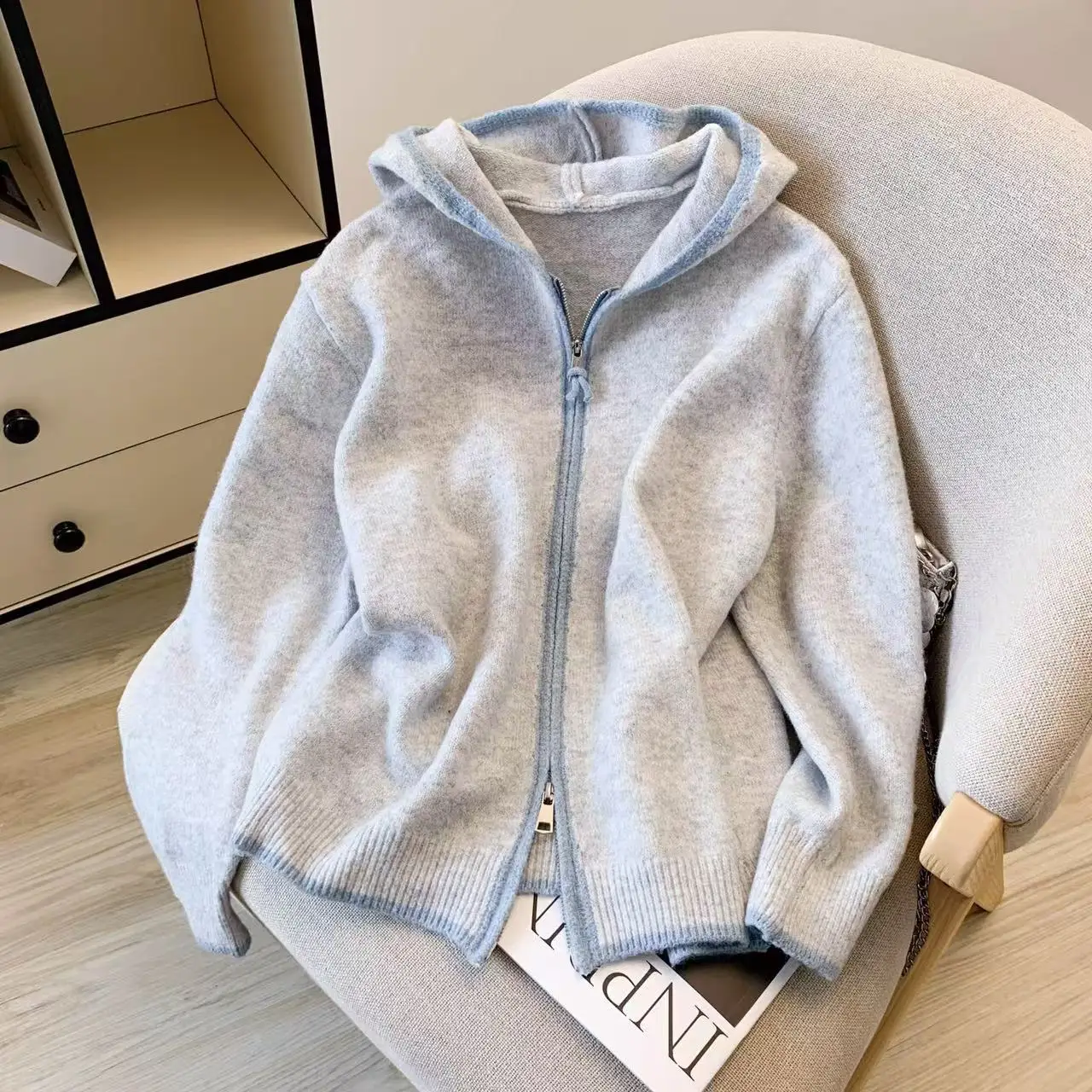 

Ay вязаный кардиган с капюшоном и двойной молнией, женский маленький размер, утягивающее шерстяное пальто Ele Design на весну, осень и зиму