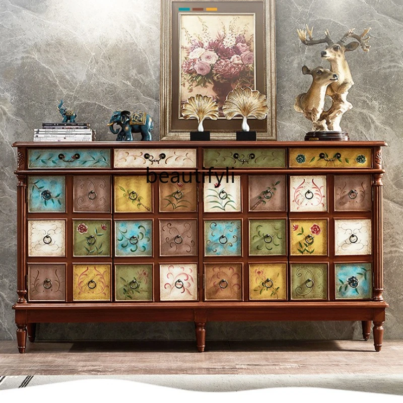 

American shoe cabinet, large capacity adjustable baffle walnut retro painted entrance cabinet