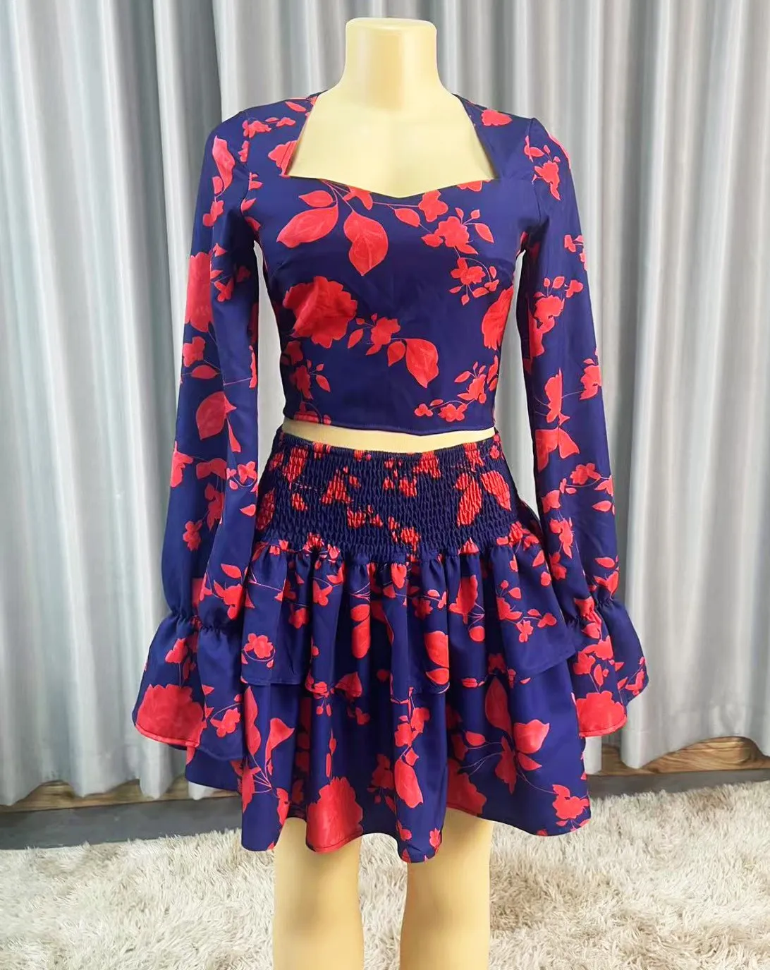 Women Print Long Sleeve Top & High-Waist Short Skirt Two-Piece Sets Elegant Casual Chic Waist-Cinching Daily Wear 2025 Trendy