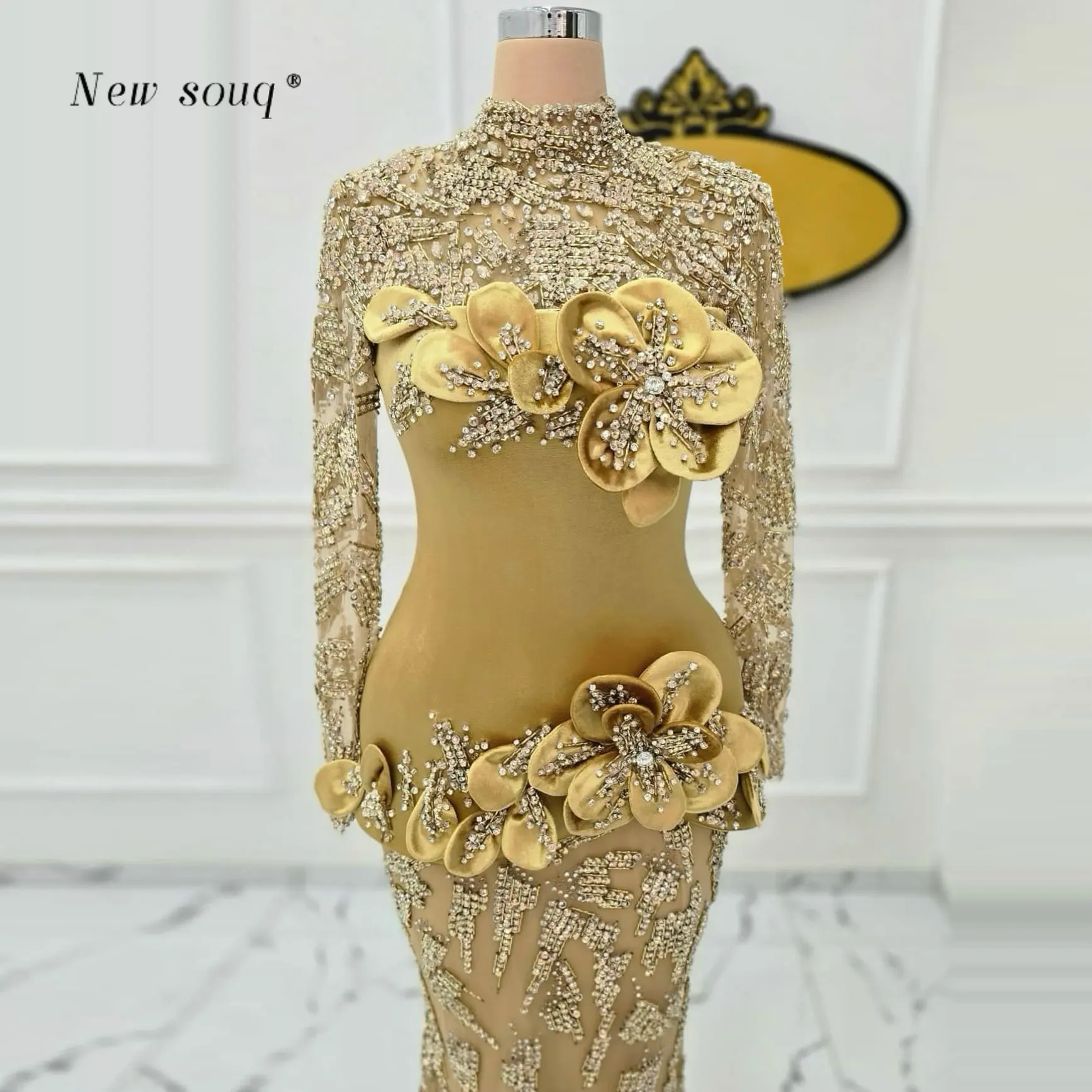 Ouro mangas compridas alta pescoço muçulmano sereia vestidos de baile personalizado 2026 árabe frisado lantejoulas formal vestidos de festa para mulher