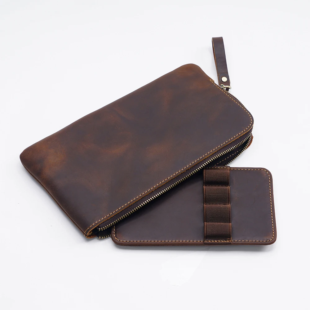 Vintage Leather Zippered Pen Case with Multiple Slots — Large Capacity Portable Stationery Organizer