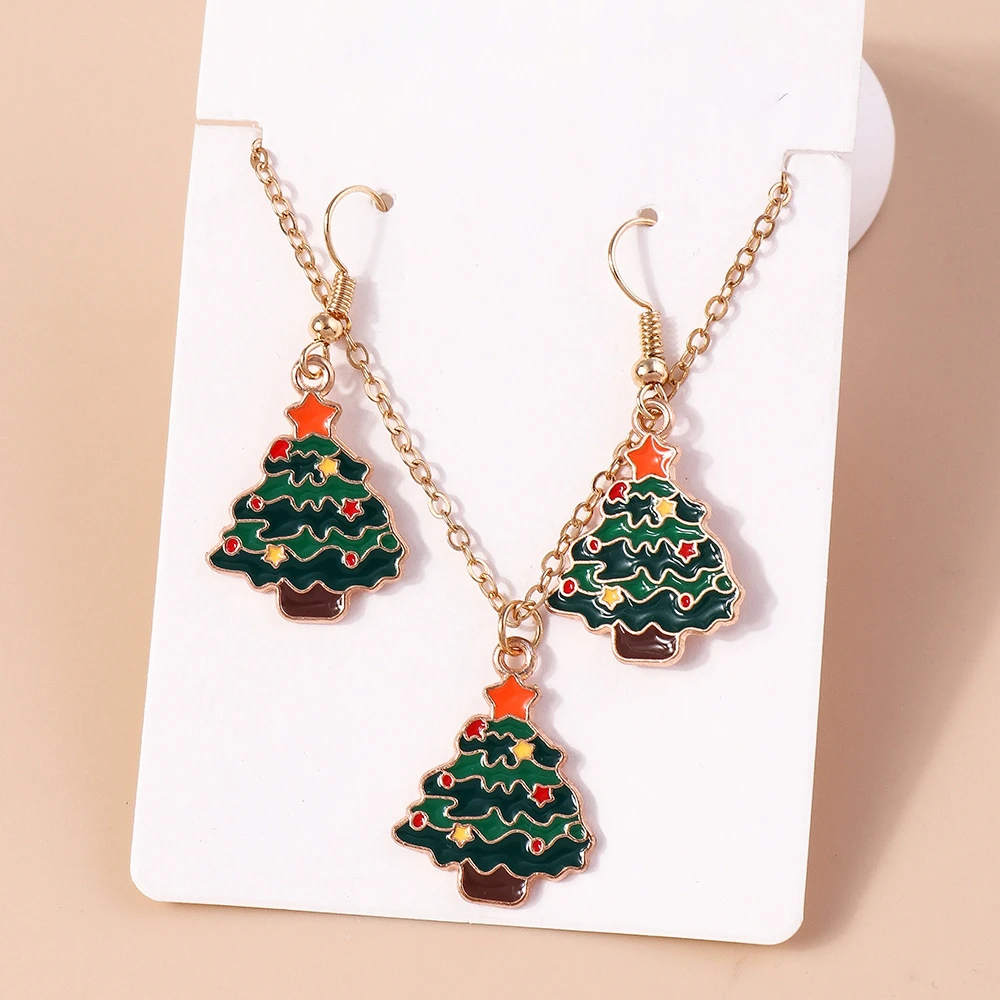 3 Piece Christmas Tree Dangle Earrings Necklace Combo Pack For Women Fashion Creative Metal Festival Party Jewelry A Gift