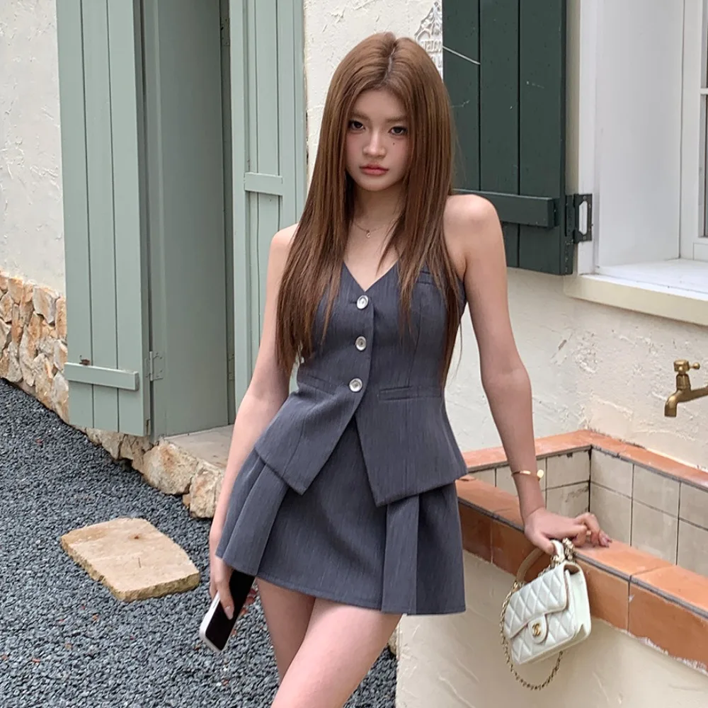 

Spring Summer 2026 Women's Suit Vest Knot Multi Use Short Skirt Halter Neck Half Body Skirt Three Piece Set Fashion