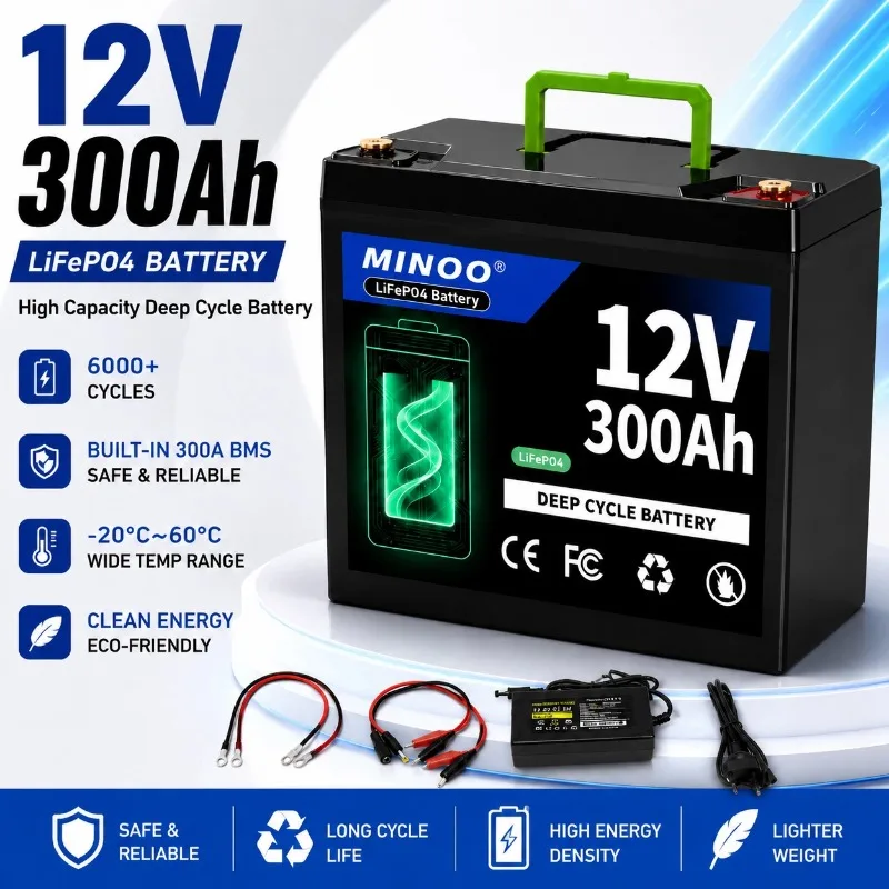 12V 300Ah LiFePO4 Solar Battery Deep Cycle Rechargeable Built-in BMS Lithium 300000mAh for Power Wheels Scooters Fish Finder