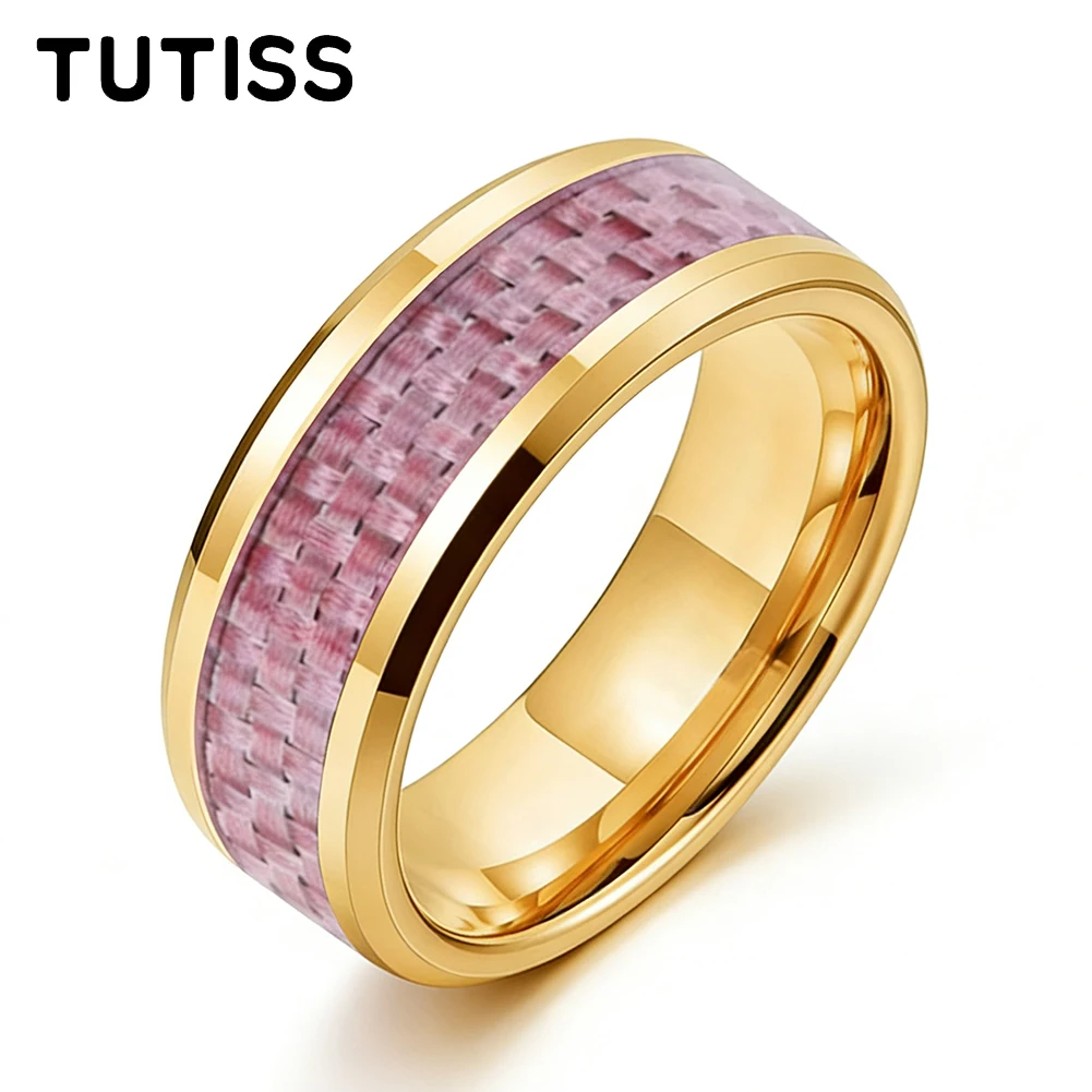 TUTISS 6/8mm Men's and Women's Wedding Tungsten Ring Inlaid with Pink Carbon Fiber Fashion Jewelry Gift Comfortable Fit
