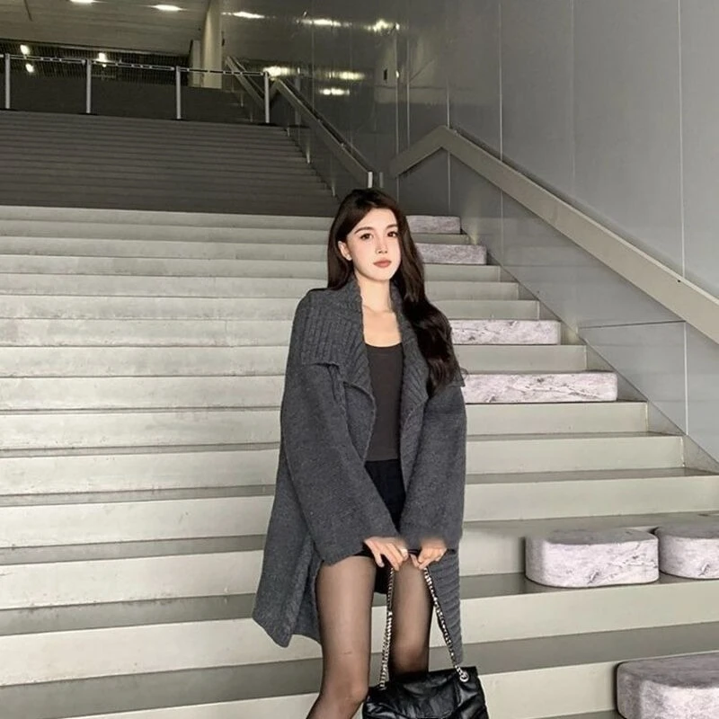 

Soft Fluffy Knit Women's Gray Cardigan Oversized Lapel Loose Fit Slimming Mid Length Solid Color Relaxed Style Spring Autumn