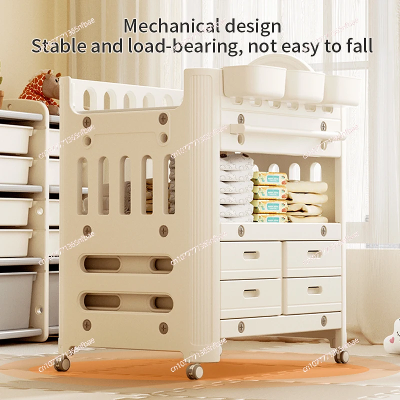 2in1 Baby Multifunctional Care Table, Beige Cream Plastic Diaper Changing Station with Storage Box & Baby Crib