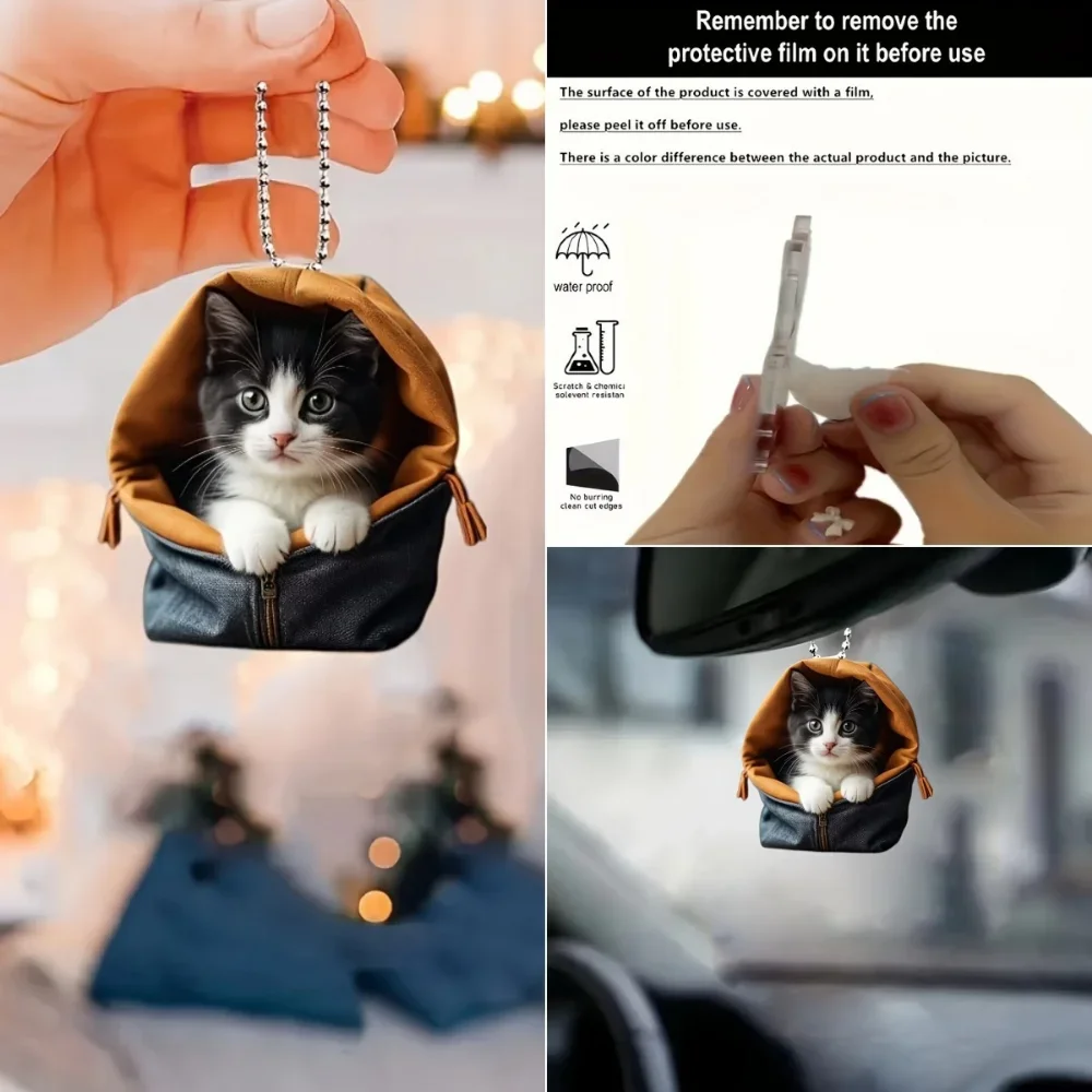 2D Cute Cow Cat Pendant Chic Kitten in Bag Acrylic Keychain Car Versatile Charm for Car Mirror Backpacks Home Festive Gift view 6