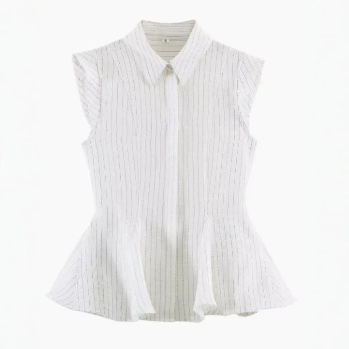 Spring Summer Striped Peplum Sleeveless Shirt For Women Turn-Down Collar Simple Shirts & Blouses Ruffled Hem Lady Tops