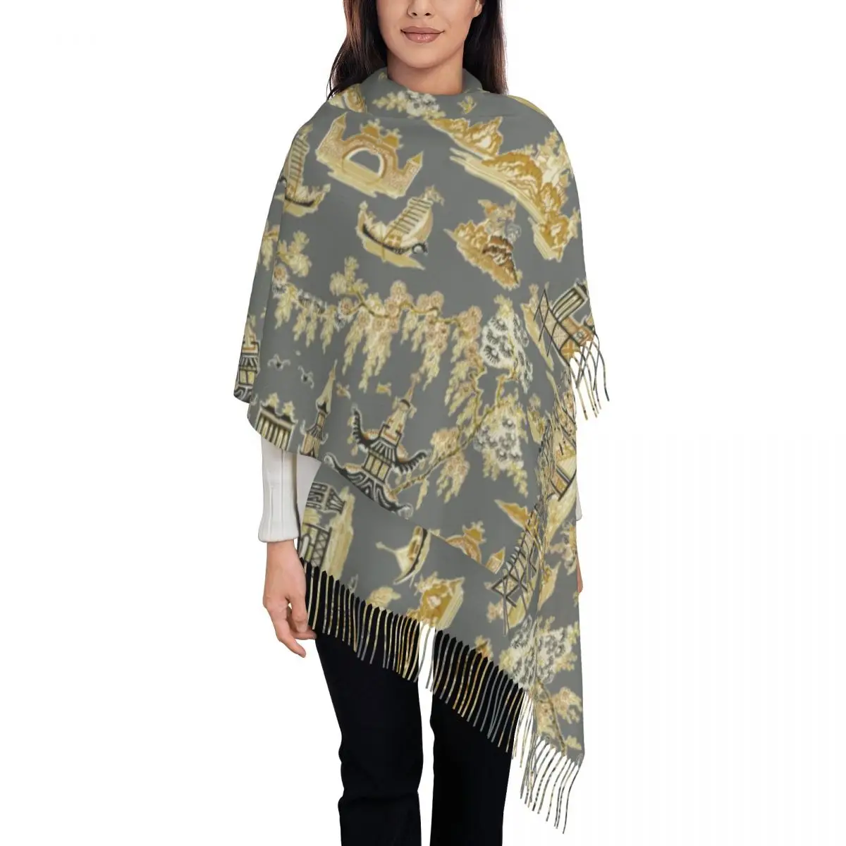 Personalized Print Pagoda Garden Teahouse Scarf Men Women Winter Fall Warm Scarves Gray and Gold Chinoiserie Shawls Wraps