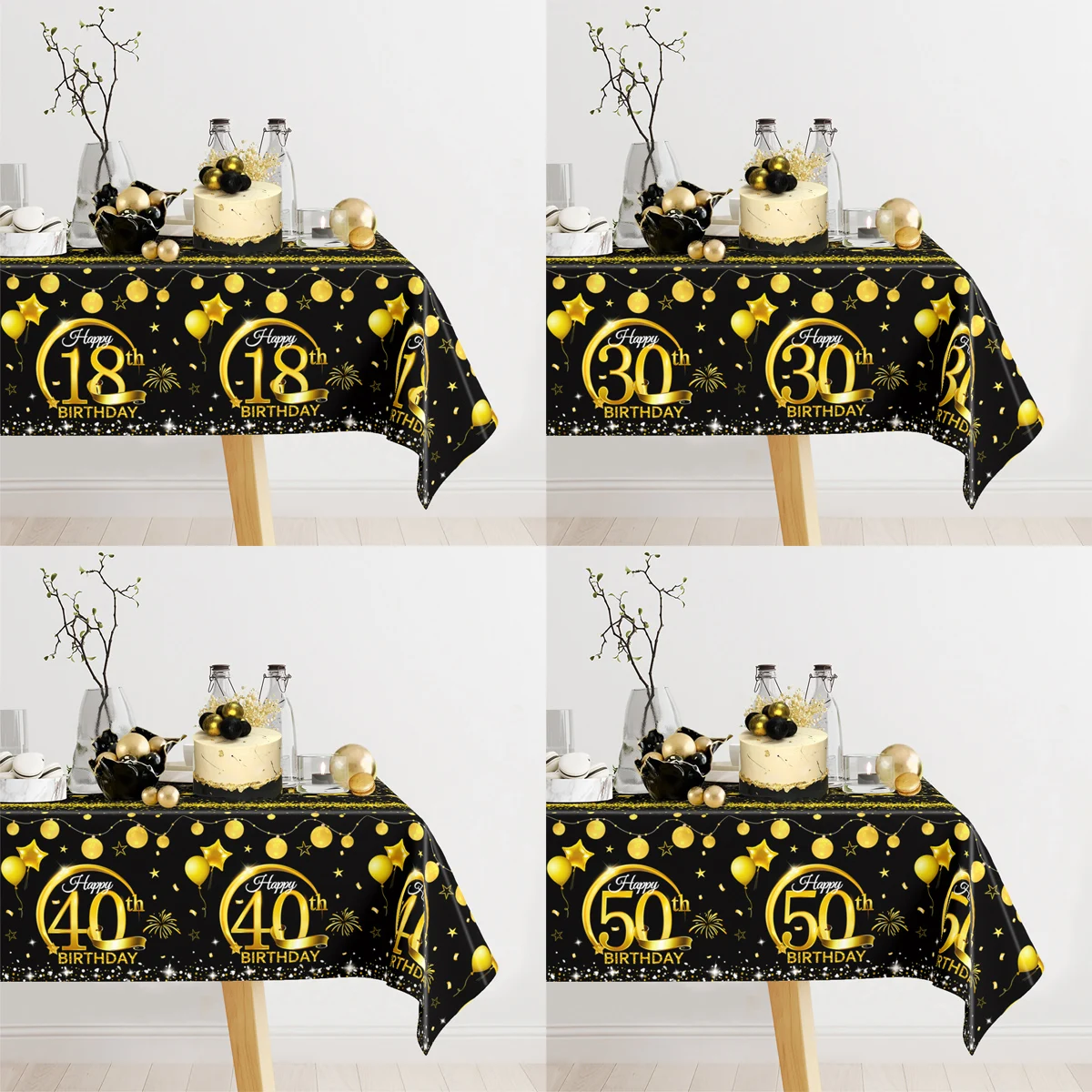 Black Gold Birthday Tablecloth Waterproof Rectangle Plastic Table Cover Men Woman 18th 30th 40th 50th Birthday Party Decors