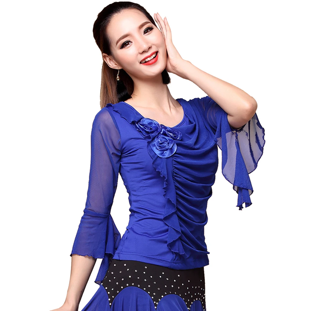 Latin Shirt Ballroom Top Solid Mesh Loose Sleeves Dance Practice Wear Flamenco T-Shirt Competition Costume Performance Clothes