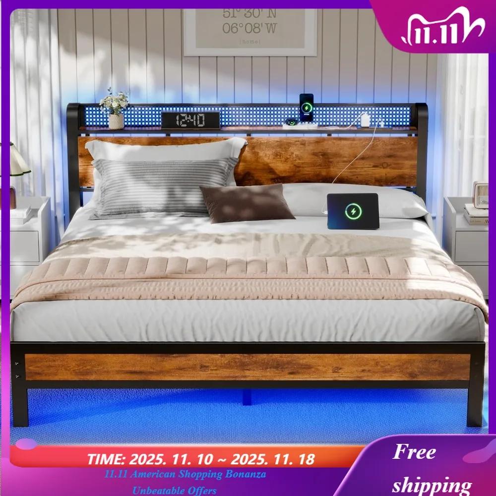إطار سرير كوين مع قاعدة شحن وأضواء LED، سرير بمنصة صناعية بحجم كوين مع لوح رأسي للتخزين