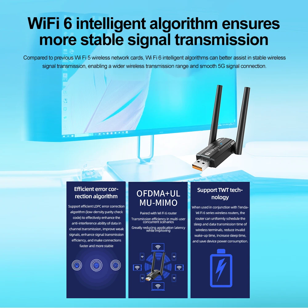 Wi-Fi 6 AX900 USB-адаптер Bluetooth5.4 двухдиапазонный 2,4G 5G 5dBi антенна Wi-Fi6 USB сетевой приемник драйвер бесплатно для Win 10/11