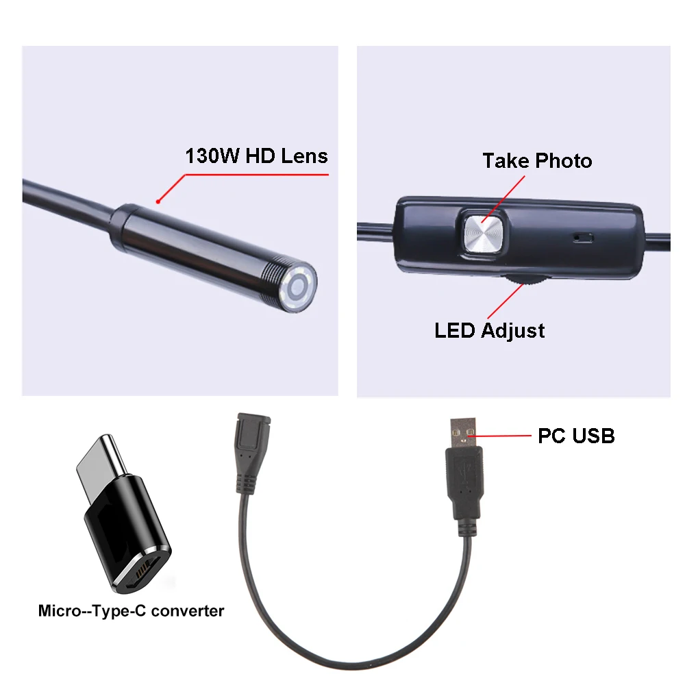 3 w 1 Mini kamera endoskopowa Android Micro USB Type-C 7mm Boroskop Wodoodporna dioda LED Inspekcja samochodu do laptopa Samsung Huawei