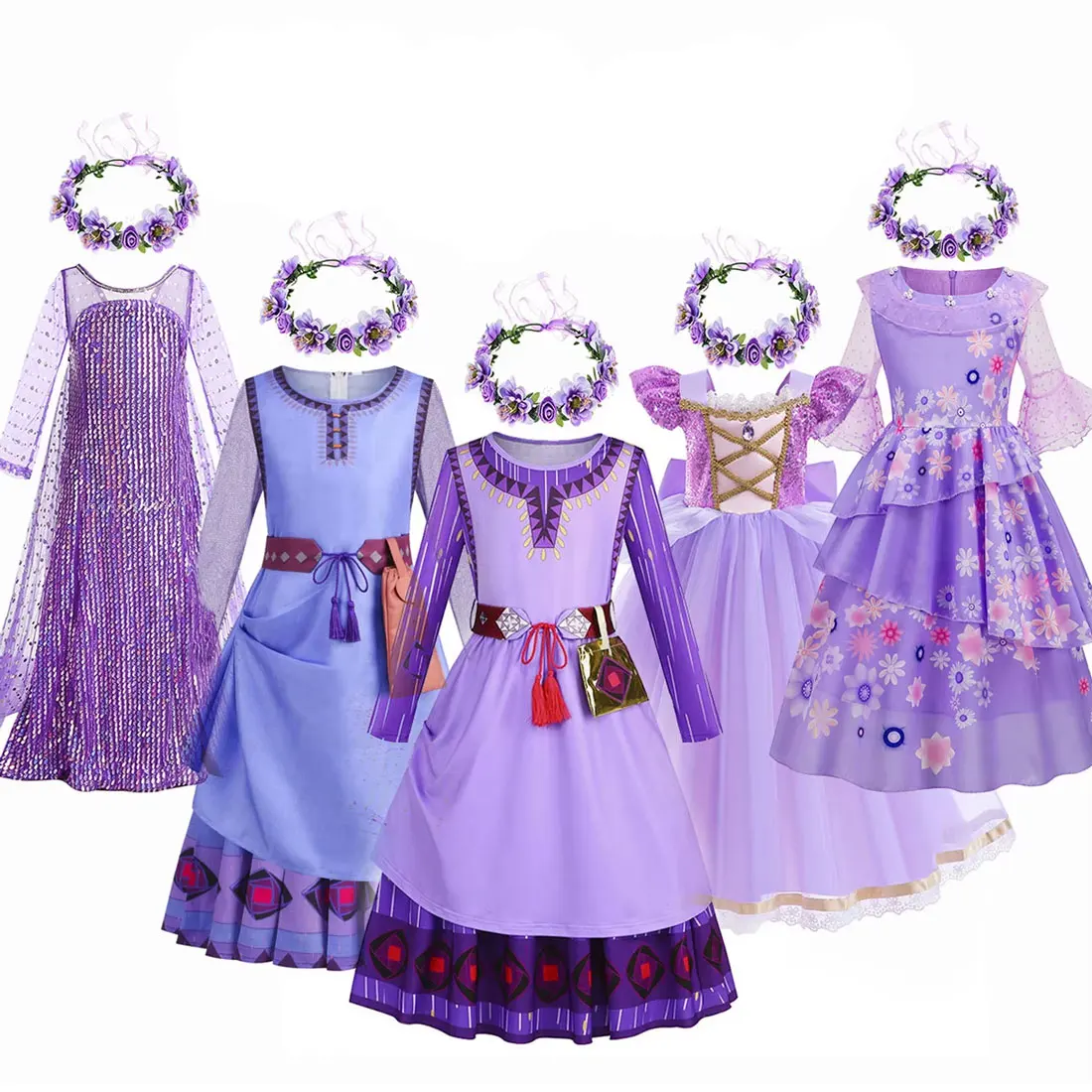 2024 Disney Purple Costumes for Girls Asha Elsa Rapunzel Cosplay Princess Dress for Girls Christmas Birthday Stage Performance