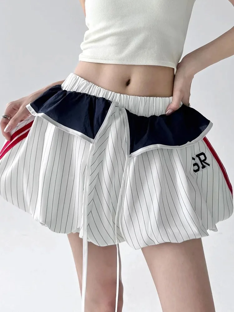 

Винтажная полосатая юбка с рюшами для женщин, с завышенной талией, облегающая, сексуальная, мини-юбка-баллон, в американском стиле хип-хоп, для весны и лета