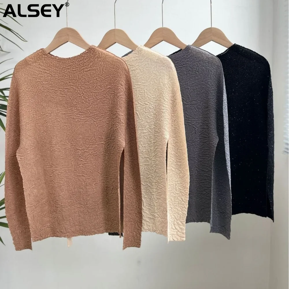 

ALSEY Miyake Handmade Pleated Simple Slim Streetwear Tops women's 2024 Fall Winter New Casual Retro T-shirt Bottoming Clothes