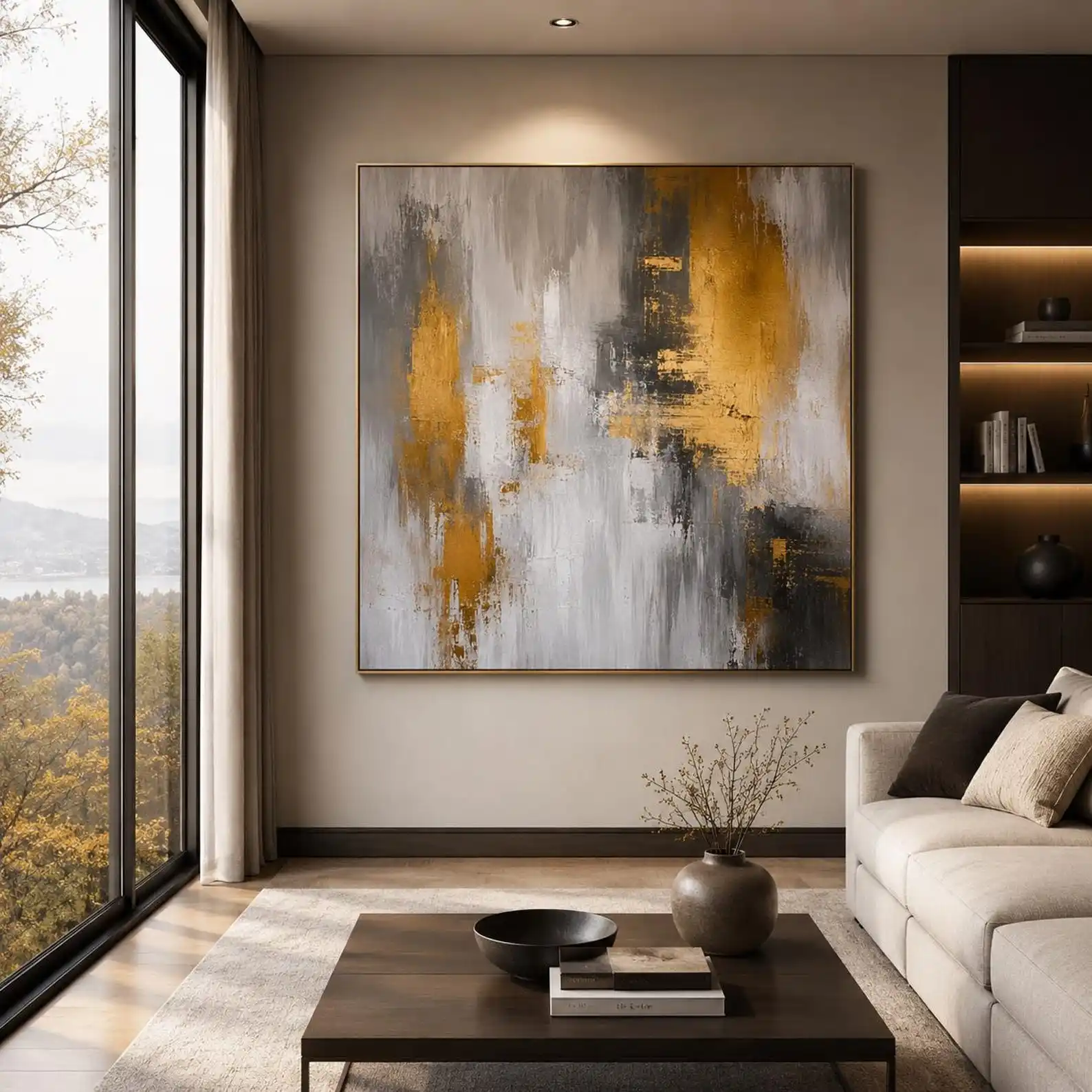 Mhemyo Abstract Gold Hand Painted Wall Art Large Neutral Textured Painting Modern Gray White Canvas Art Minimalist Living Decor
