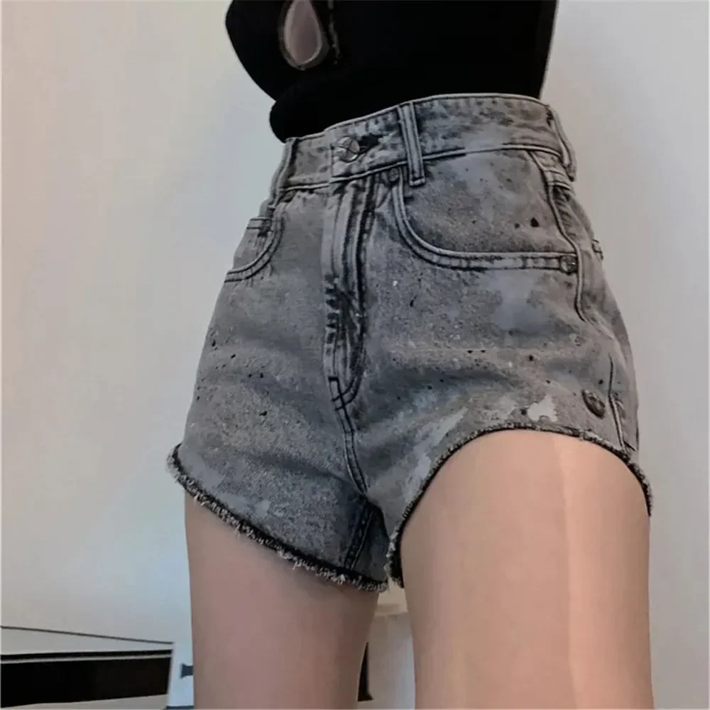 High Waist Cross Graffiti Embroidery Denim Shorts Women Clothing Y2k Summer Korean Jeans Straight Sexy Wide Leg Hot Pants Female