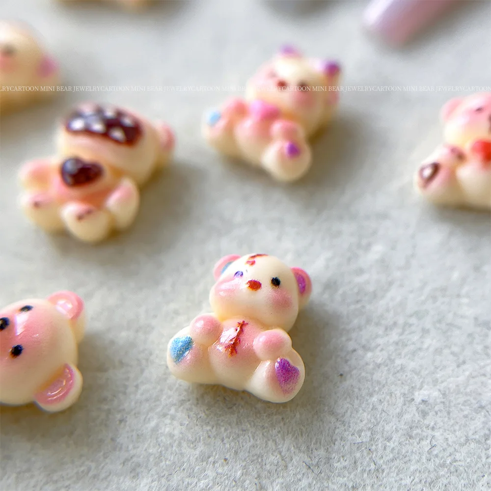 อุปกรณ์ตกแต่งเล็บรูปหมีการ์ตูนขนาดเล็ก 10 ชิ้น หมีเรซิ่นฐานแบนสำหรับตกแต่งเล็บ DIY