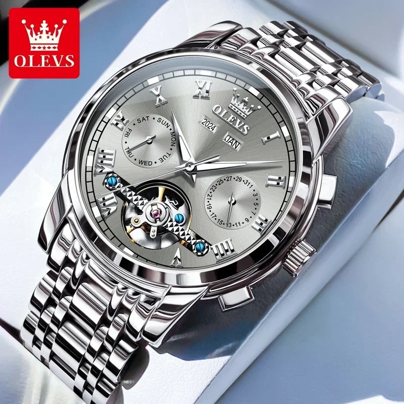 OLEVS Mens Automatic Mechanical Watch Open Heart Dial Stainless Steel Bracelet Luminous Hands Month Date 30m Water Resistant