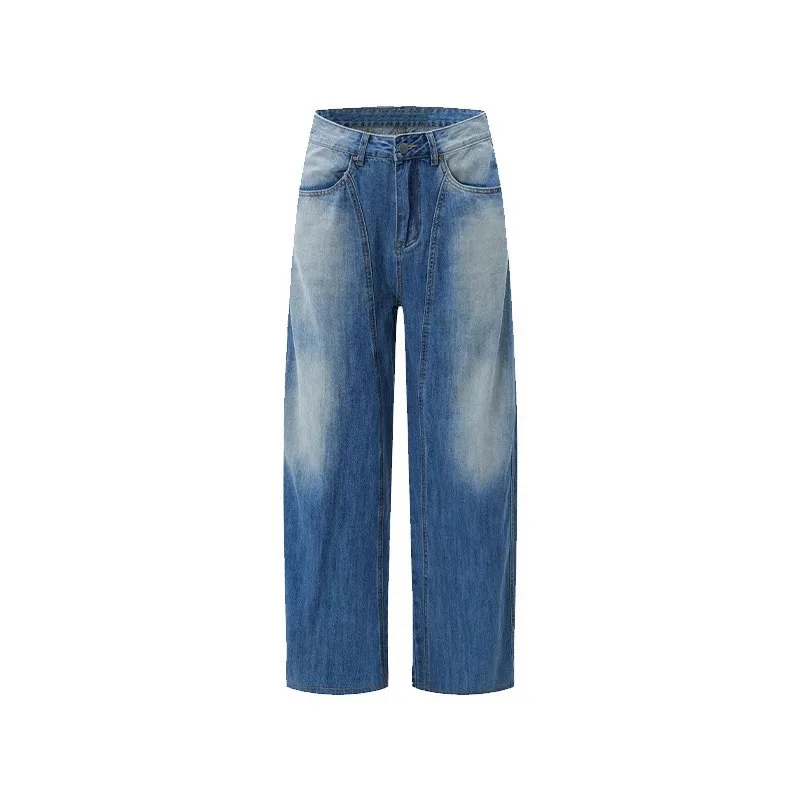 Homem calças jeans lazer pernas largas 2024 solto vintage retro azul estilo americano cleanfit