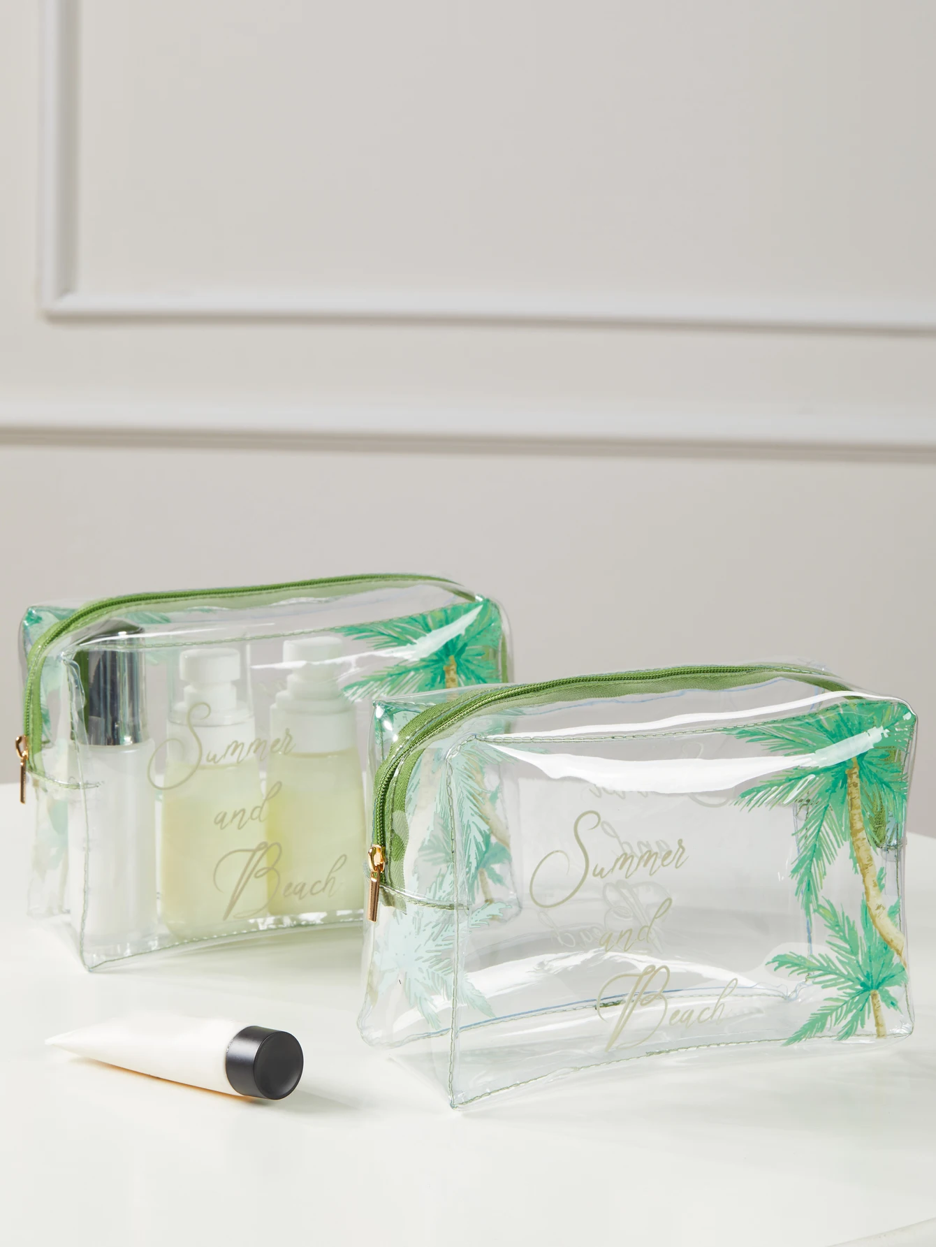 Big Waterproof transparent PVC Coconut trees pattern makeup bag organizer Beach Bag cosmetic bag travel makeup bag Students Pen
