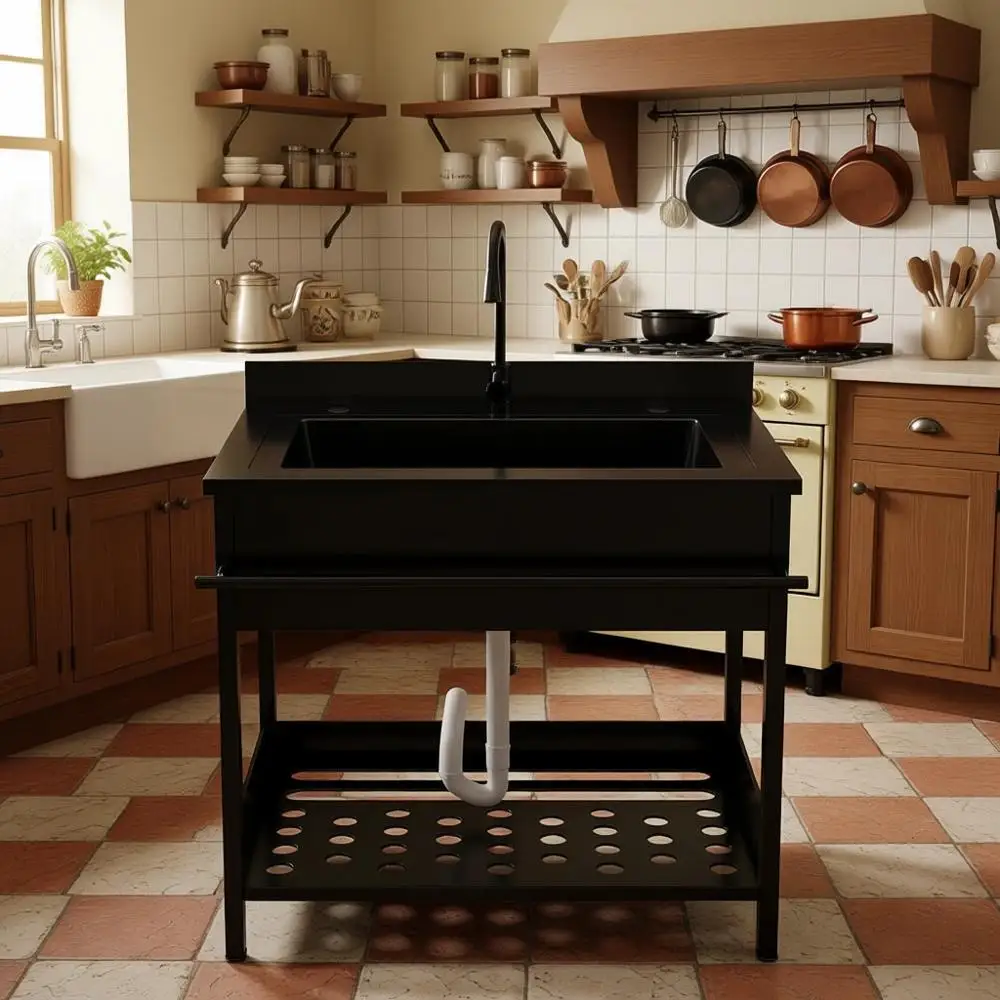 

StainlSteel Utility Sink, 43 Inch Single Bowl Kitchen Sink with Cold Hot Water Pipe Stand P-trap Drainge or Laundry Room Pet Car