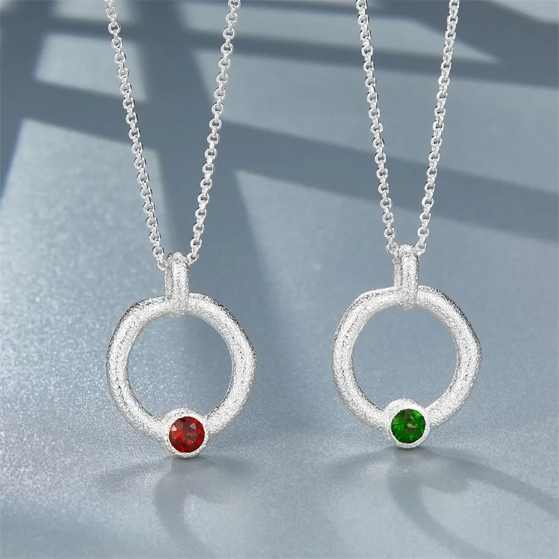 925 Sterling Silver Natural Garnet Diopside Pendant Necklace For Women Simple Circle Minimalism Chokers Necklaces 2023 New