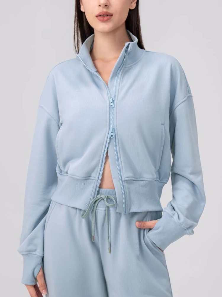 VITALINOVO Womens Zip Up Jackets Stand Collar Crop Sweatshirt with Pockets Thumb Hole Fall Long Sleeve Athletic Jackets Winter